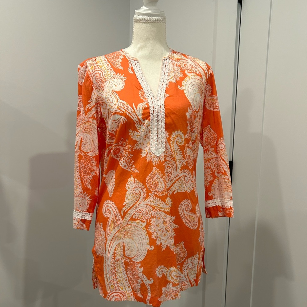 J. McLaughlin Orange and White Paisley Top